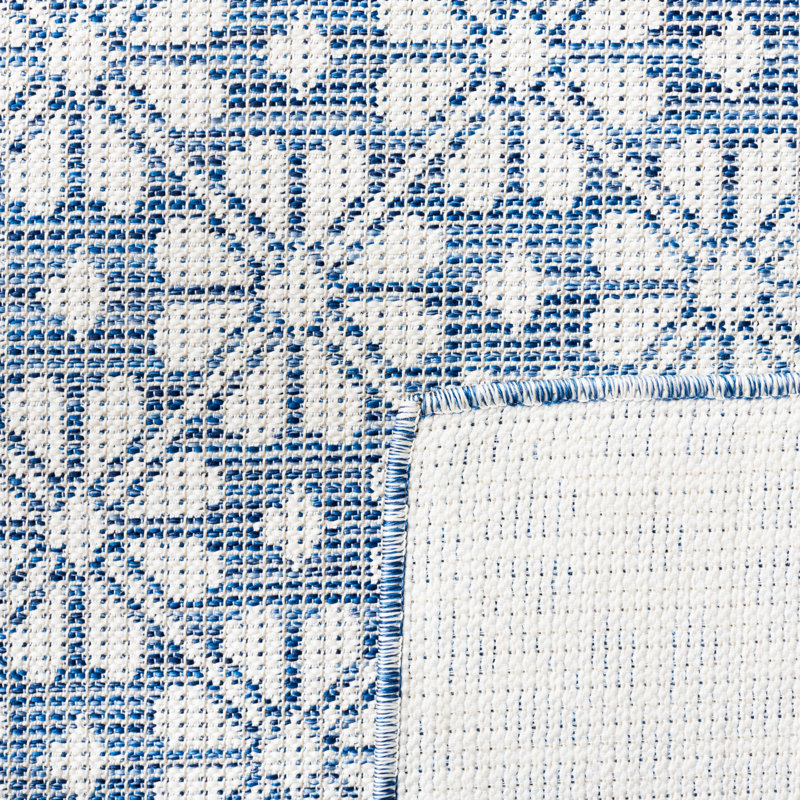 Navy and Ivory Geometric Synthetic Square Rug