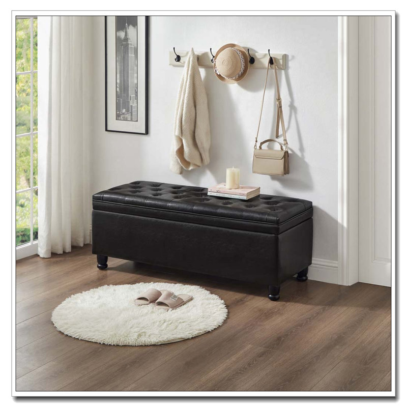 Banc de rangement rembourré capitonné avec pieds en bois