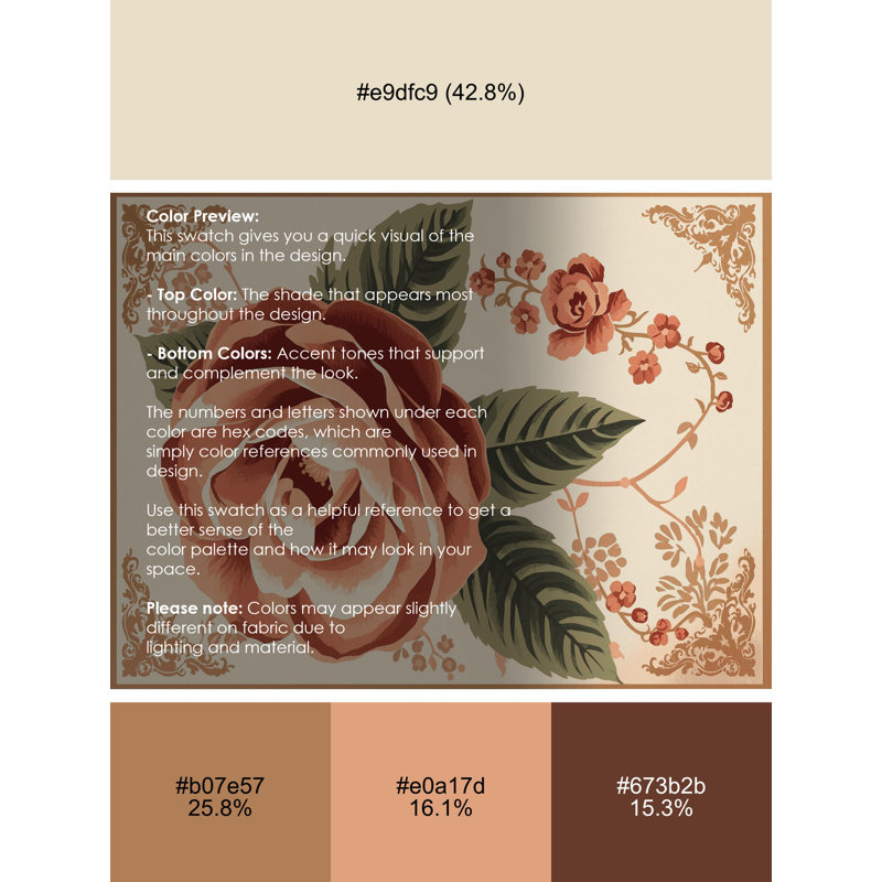 Machine Washable Paesyn Camellia French Floral Rug in Beige – Beige Binding, 6' Square