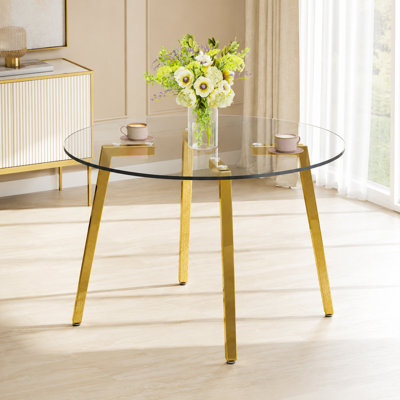 42" Round Glass Dining Table with Gold Metal Legs