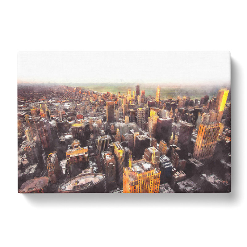 Flying Over The Chicago Skyline Painting - Wrapped Canvas, 60cm H x 91cm W x 3cm D