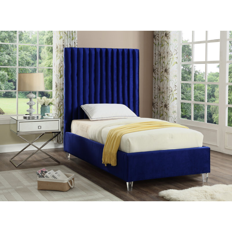 Upholstered Platform Bed, Navy Velvet, Twin