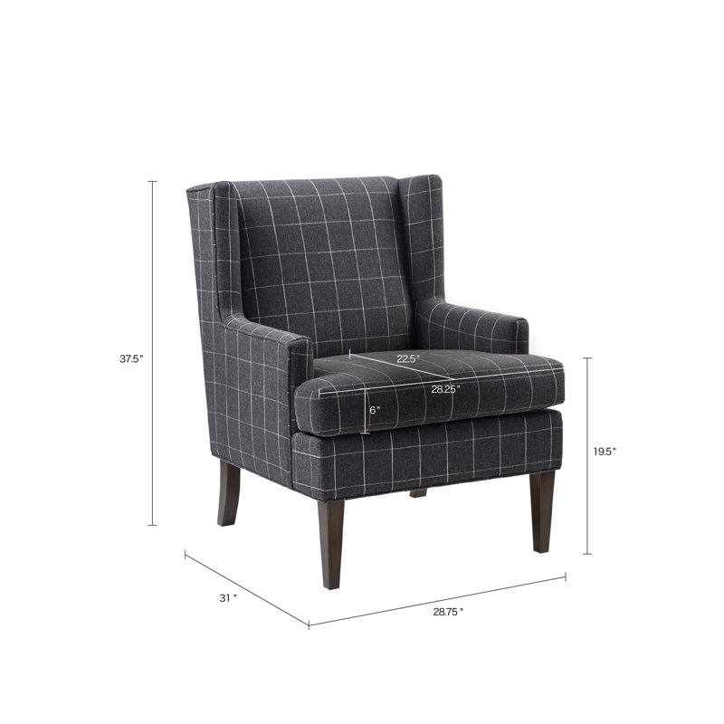 Fauteuil d'appoint à oreilles Decker de 74 cm de large, en tissu à carreaux traditionnel, couleur anthracite, Charcoal