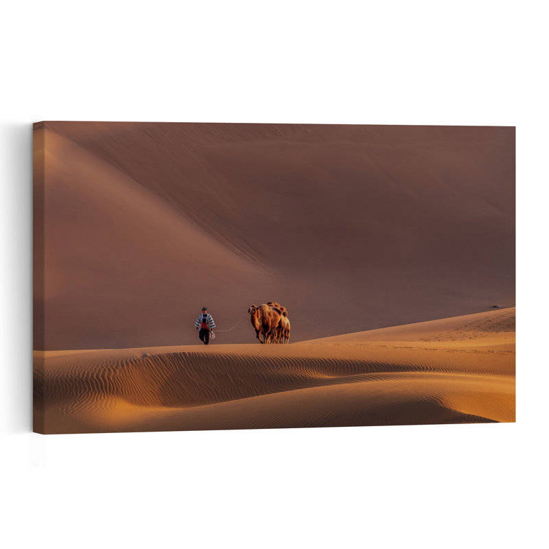 " Golden Desert Camel Journey Peaceful Serene Tranquil Landscape Nature Wall Art Print " Print, 16" H x 24" W