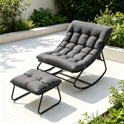  Oversized Rocking Chair with Ottoman – Weather-Resistant Outdoor Patio Rocker, Ergonomic Curved Back, Stable Reinforced Frame for Porch, Deck, or Garden