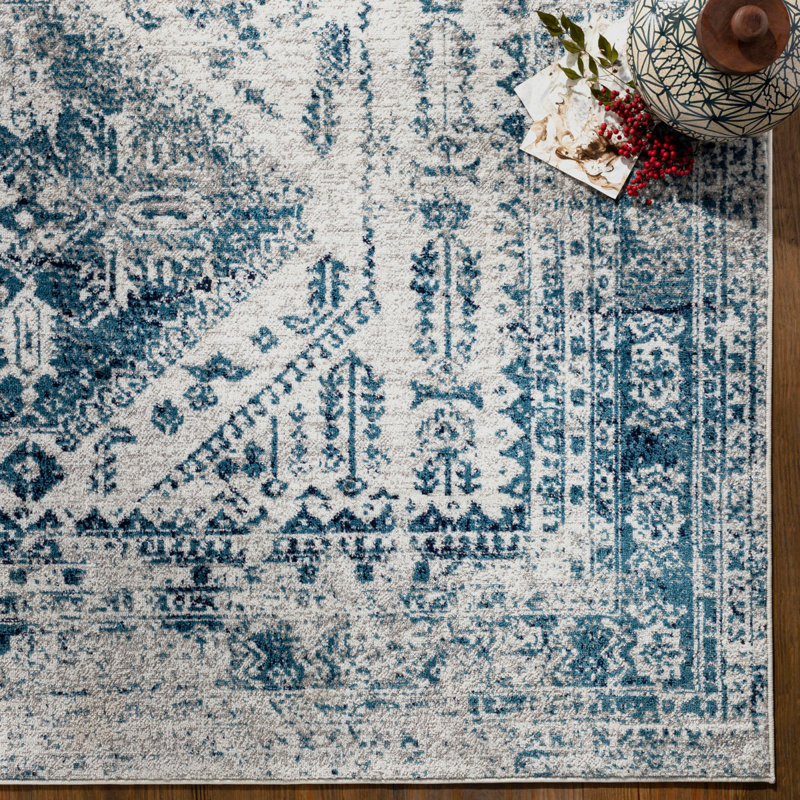 Blue Traditional Rug, Bordered Floral Easy to Clean Rug For Living Room, Dining Room, Bedroom, Rectangle 120 x 170 cm
