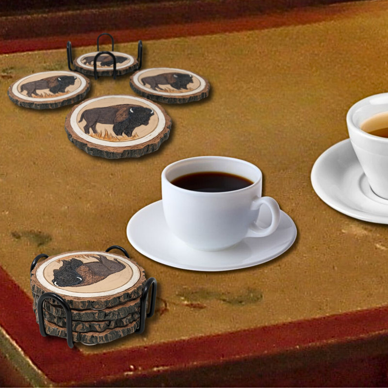Ensemble de sous-verres en bison en résine d'inspiration naturelle avec accents d'écorce d'arbre