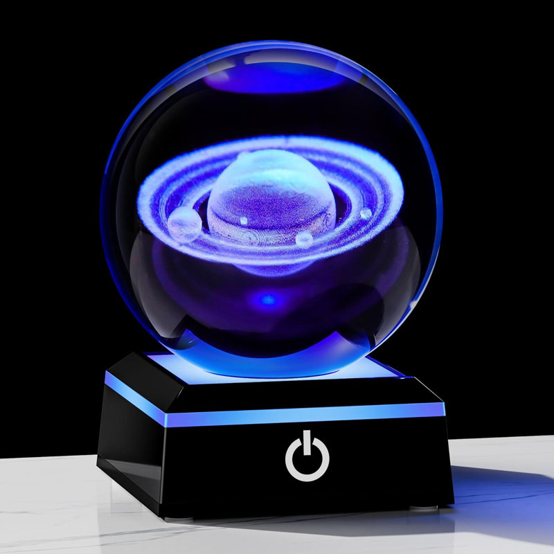 3D Laser Engraved Saturn Crystal Ball with Multicolor LED Light Base