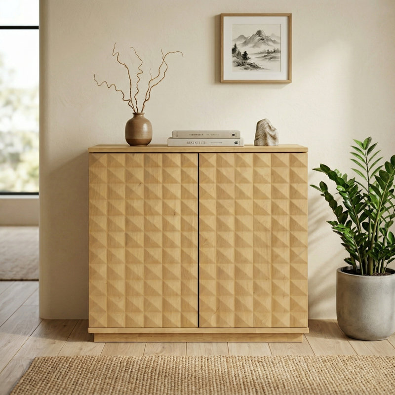 NTC Sapa 2 Door Storage Cabinet, Solid Wood Accent Cabinet with Hand-Carved 3D Doors, Modular Storage System, Expandable Cabinet for Living Room & TV Stand, Easy Assembly, Sand