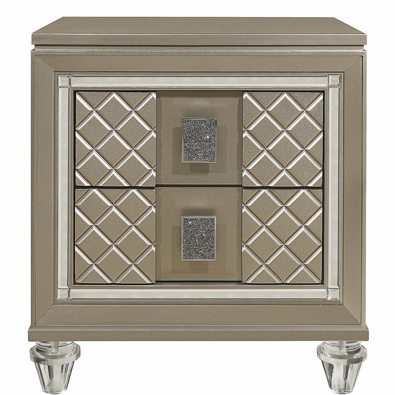 Glamour Champagne Finition 1pc Table de chevet 2 tiroirs Acrylique Table de chevet Mobilier de chambre à coucher de luxe Bordure de miroir biseauté