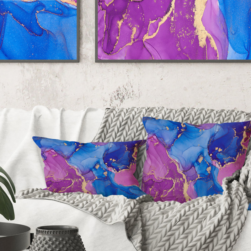 Mauve et turquoise luxueux abstrait Art fluide - Coussin décoratif imprimé moderne, 18 po x 18 po