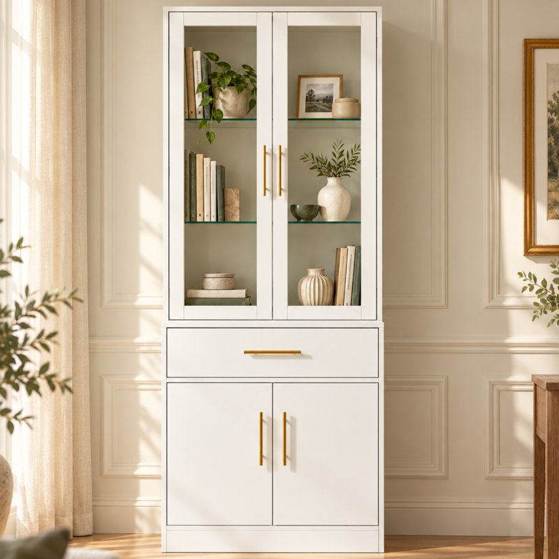 2-Piece Wall Mounted Display Cabinet and Sideboard Set with Glass Shelves, Drawer and Cupboard Storage