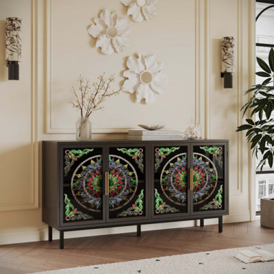 Decorative Cabinet With 4 Doors, Painted Glass Metal Iron Frame Buffet Cabinet, Artistic Storage Cabinet, Entrance Cabinet, Living Room, Bedroom, Dining Room