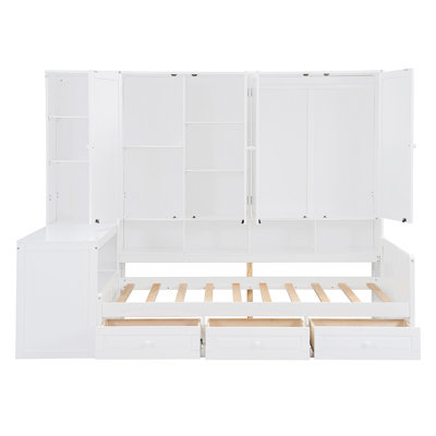 Lit de jour moderne en bois avec trois tiroirs, armoire tout-en-un, bureau et tablettes