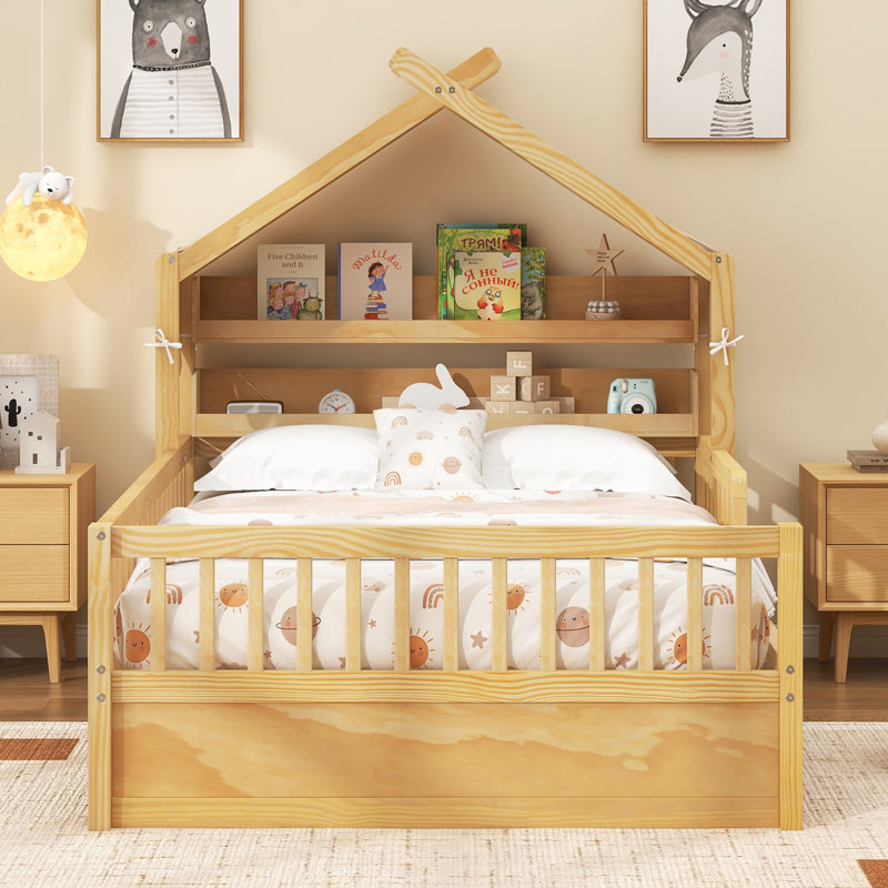 Lit double pleine grandeur avec tablette de rangement pour la tête de lit, Lit double, Naturel