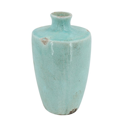 Tery Decorative Flower Vase, 12 Inch, Angled Glazed Blue Patina Terracotta
