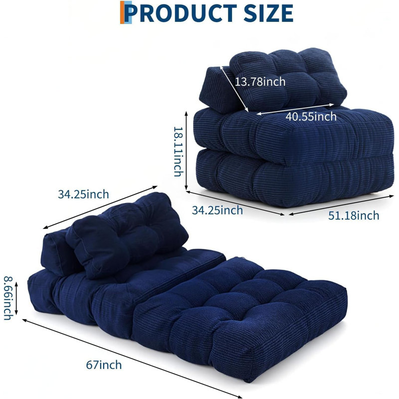 Canapé-lit pliant portable 3 en 1, fauteuil convertible avec dossier ergonomique et oreiller, canapé de sol compact, bleu marine