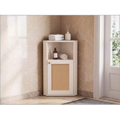 Bathroom Corner Storage Cabinet with Rattan Barn Door and Adjustable Shelf for Efficient Organization