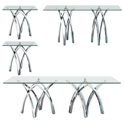 Ensemble de table de salon 4 pièces en verre trempé transparent et argent