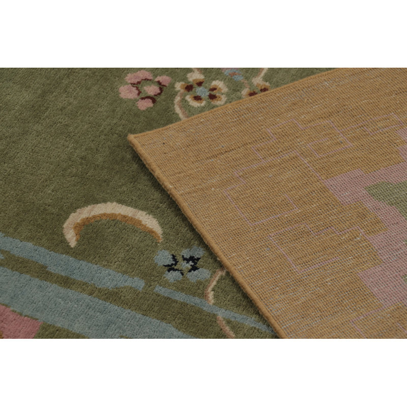 Rug & Kilim’S Chinese Art Deco Rug, Green With Cherry Blossom Florals, Rectangle 5' x 7'