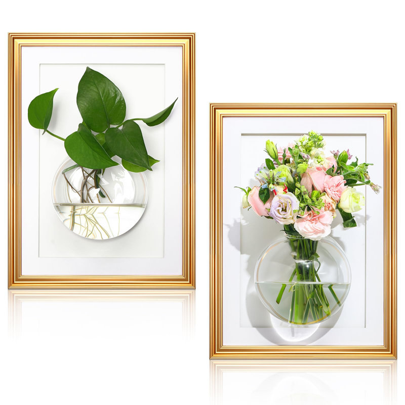 Ensemble de 2 pots de fleurs suspendus avec cadre en bois et vase en verre pour plantes hydroponiques