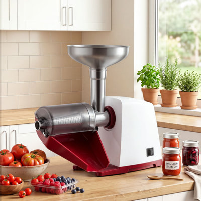 Presse-tomates électrique 800 W max (puissance nominale : 300 W), 40 kg/h, pour purées, tamis de 1 mm, 1,5 mm, 3 mm et 6 mm, fraises, salsa, en acier inoxydable, rouge.