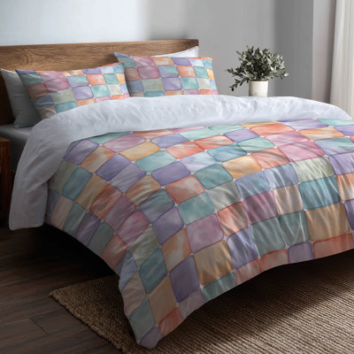 Patchwork Comforter Set 6 Pcs - Modern Yellow And Blue Pastel Bubble Tiles Comforter Bedding Set