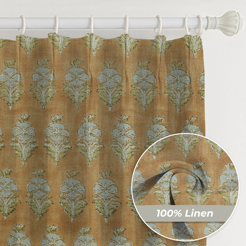 Fabdivine, Gray or Brown Floral Pattern , Pinch Pleated Curtain Handmade Block Print Bohemian Soft Pure Linen Fabric with Blackout Kitchen, Room Darkening, Mor Mukut