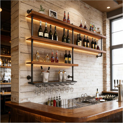 59.1in Large Wine Rack with LED Light, 4 Tiers Solid Wood Wall Mounted Wine Rack, Industrial Liquor Bottles Floating Shelves with Glass Holder for Home Bar/Dining Room (59.1in/150cm)