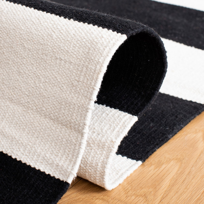 Tapis rayé noir / ivoire en coton tissé à la main Brookvale, Rond 6 pi