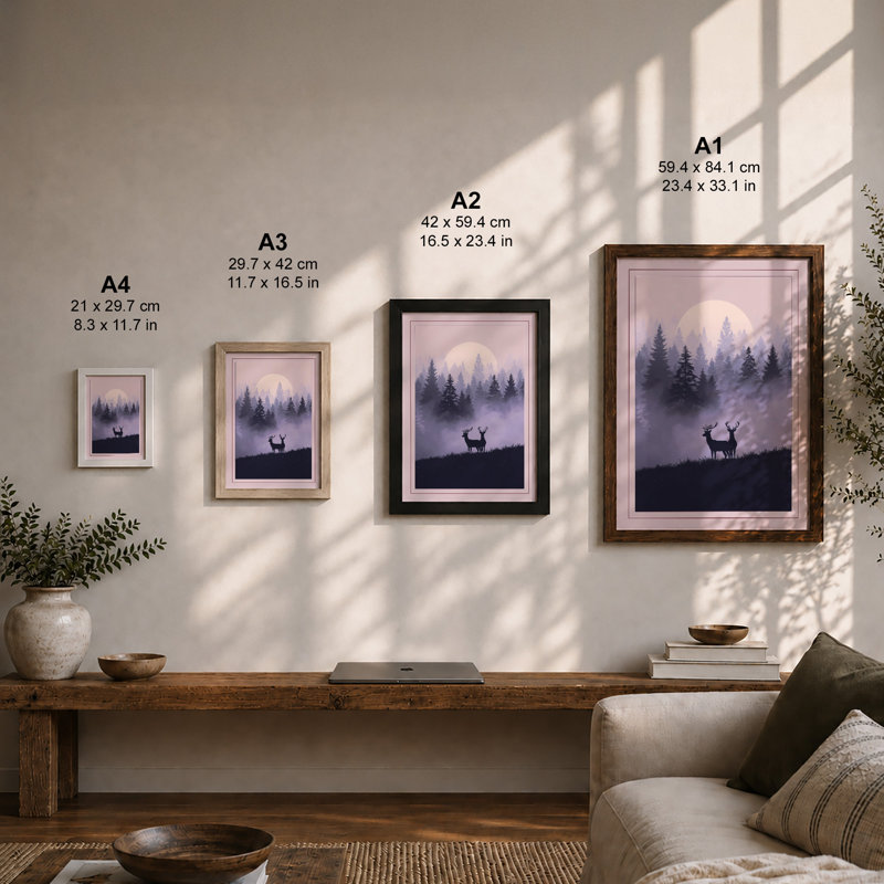 Deer Under Moonlight Scandinavian - Framed Print, A3 - 42.0 x 29.7 cm, White