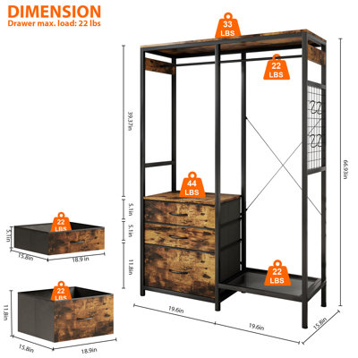62” Clothes Rack With 3 Drawers, Multi-Function LED Light Hanging Rack With Drawers