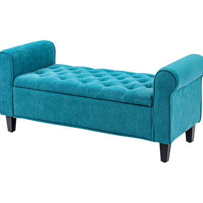 50" Storage Bench In Teal. Upholstered With Soft Velvet, Button . Rolled Arms, Wood Legs. For Bedroom, Living Room & Entryway. Hidden Storage. 264 Lbs Static Weight Capacity. Assembly Needed Storage,