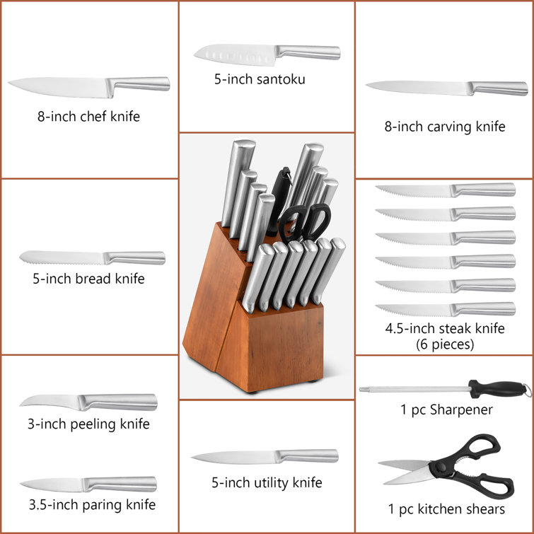 FETERVIC Knife Block Set, 16 Pieces Kitchen Set with Block, Stainless Steel  Set