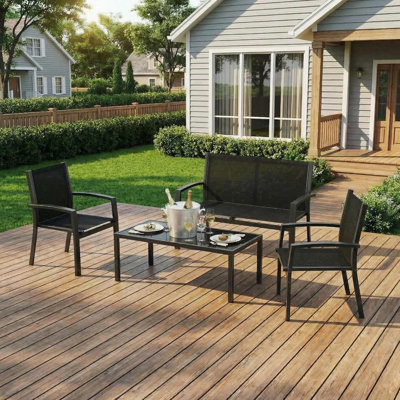 4-Piece Patio Conversation Set – Loveseat, 2 Chairs & Glass Table, Breathable Textilene, Metal Frame Bistro for Backyard, Pool, Deck