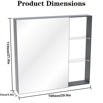 Miroir de salle de bain et rangement de 30 po x 28 po, cadre en aluminium, tablettes réglables, miroir de rangement mural noir brun, matériau, formaldéhyde, plusieurs compartiments,