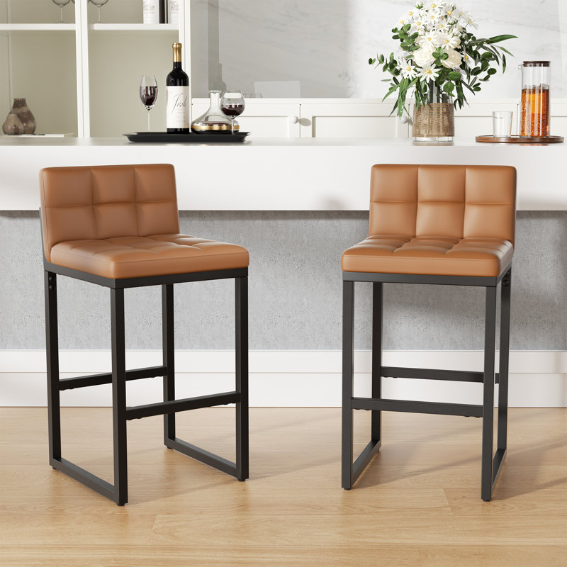 Sturdy Modern Low-Back Counter Height Bar Stools with Metal Frame and Faux Leather Upholstery, Camel