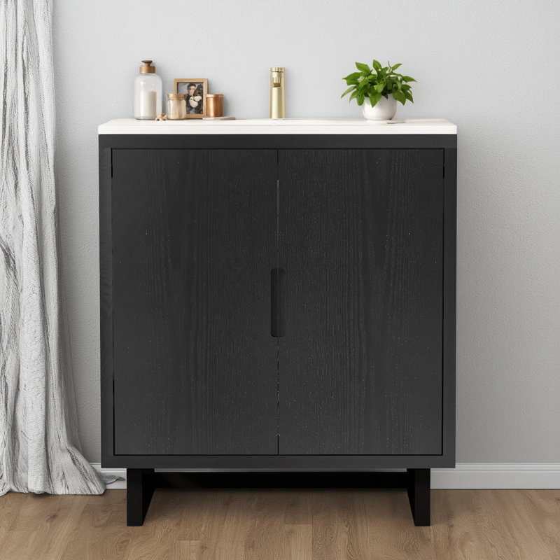 30" Solid Wood Frame Bathroom Vanity Set (includes Sink, Cabinet, And Storage), Black