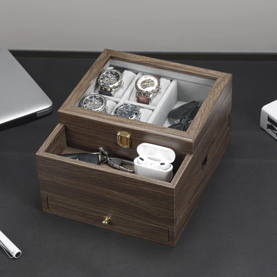 Watch Box Jewelry Organizer with Real Glass Watch Case for Ring Bracelet Watch Necklace