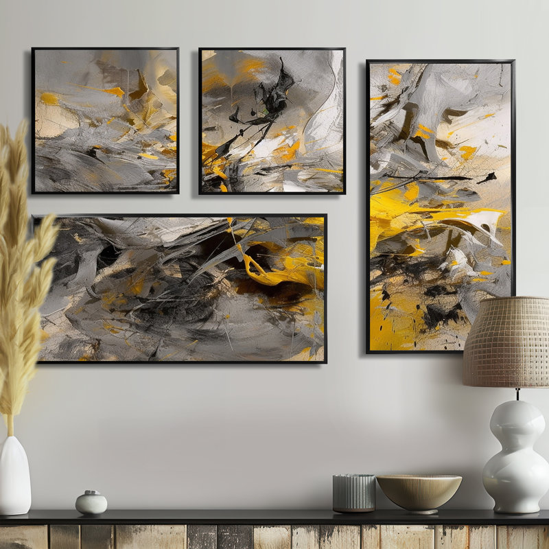 Moutarde jaune et gris vif III - Noir, reproduction d'art moderne sur toile 4 pièces, Noir