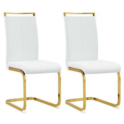 Chaises de salle à manger modernes, chaise d'appoint rembourrée en similicuir à haut dossier en polyuréthane et pieds en métal chromé en forme de C pour la salle à manger, chaise de bureau, meuble-lavabo et patio (ensemble de 2 (blanc + polyuréthane) 1162