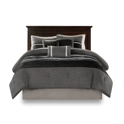 King 7 Pc Comforter - Black Faux Suede With Sham Bed In Rich Color