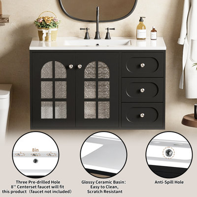 Meuble-lavabo flottant 36 po avec lavabo en céramique, armoire de salle de bain murale à 3 tiroirs et système de fermeture en douceur