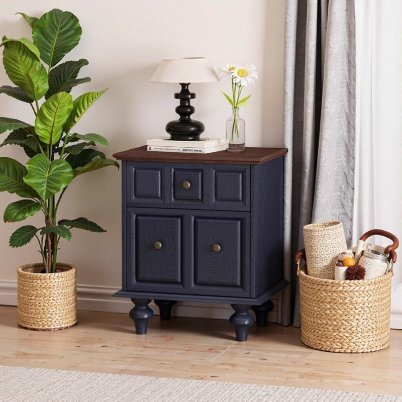 Table de chevet 20,47 po vintage bleu foncé avec 2 tiroirs et pieds à colonnes romaines, table de chevet en bois massif pour le salon de la chambre à coucher
