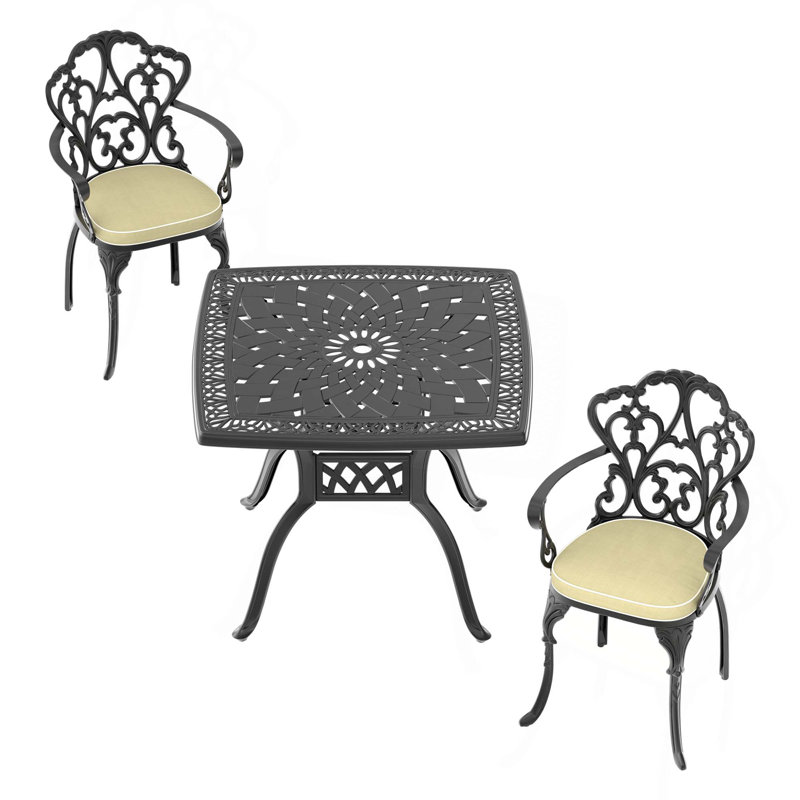 Ensemble de 3 meubles de patio en aluminium coulé avec structure noire et coussins de siège de couleurs aléatoires
