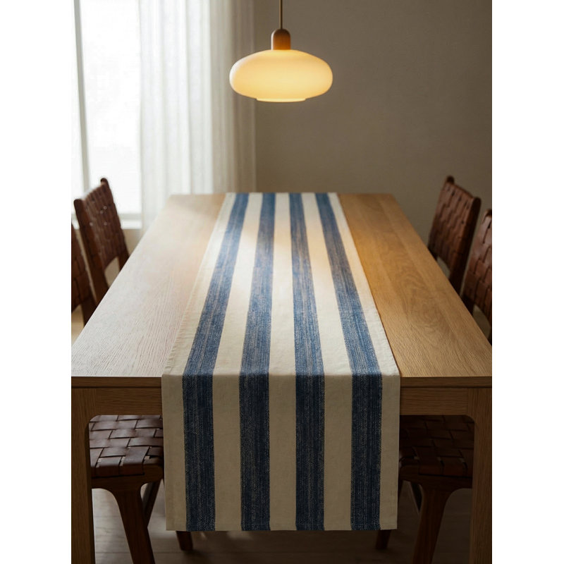 Mint Green Sardinia Stripe Indoor Outdoor Table Runner 14x72, Marine Blue