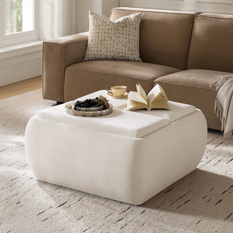 Repose-pieds en chenille Mid-Century moderne avec plateau en bois et rangement réversible 37,25 po Lessman, Ivoire ivoire