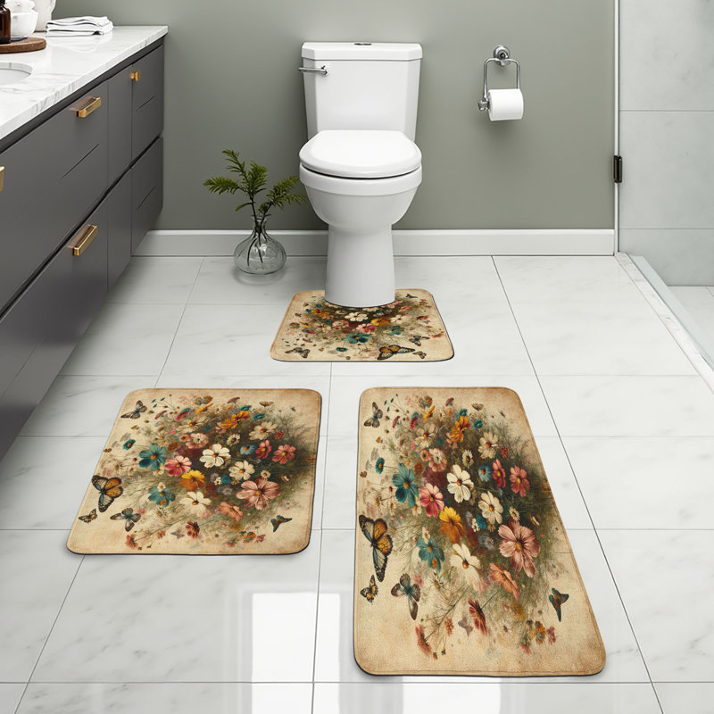  Ensemble de tapis de salle de bain rétro 3 pièces en U et tapis rectangulaires brun sable multicolore