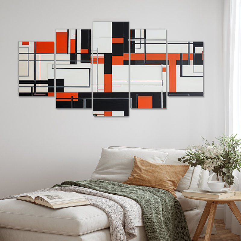 Ensemble de 5 pièces décoratives géométriques rouges modernisées - déco géométrique, H 32 po x l 60 po