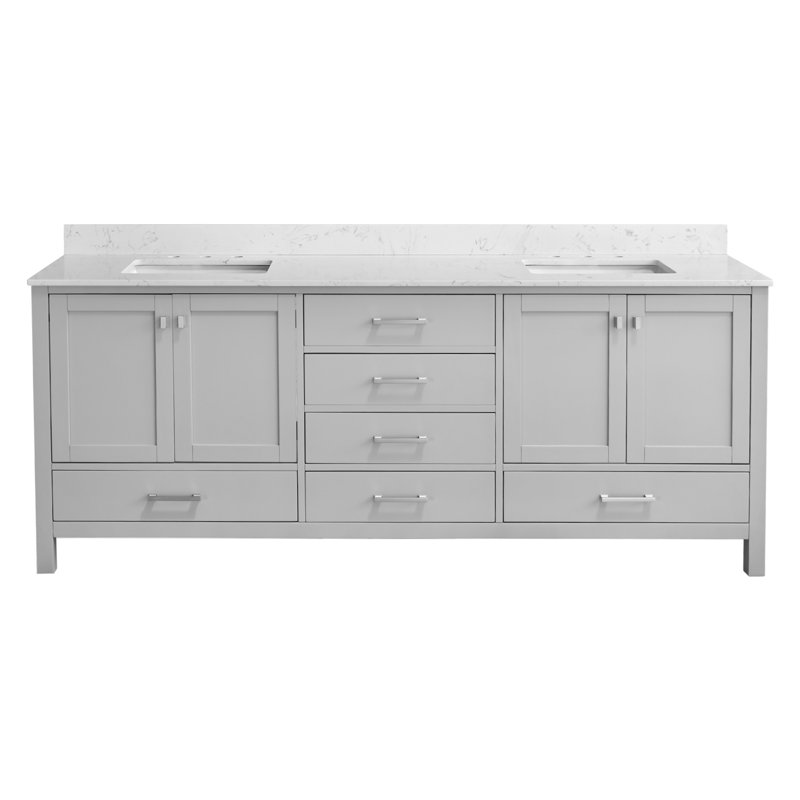 Meuble-lavabo double 84 po en bois massif gris avec plateau intégré